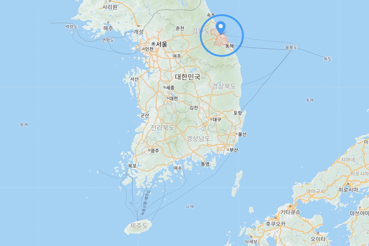 แผนที่แสดงที่ตั้งของเมืองคังนึงในเกาหลีใต้ จุดหมายปลายทางท่องเที่ยวในคังวอลโดและเทือกเขาแทแบก