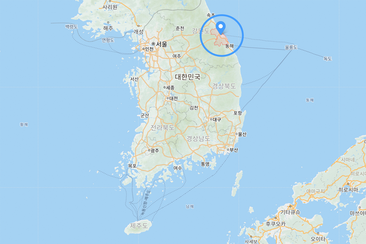 韓國地圖中標示出江陵市的位置，展示其在江原道的地理位置。