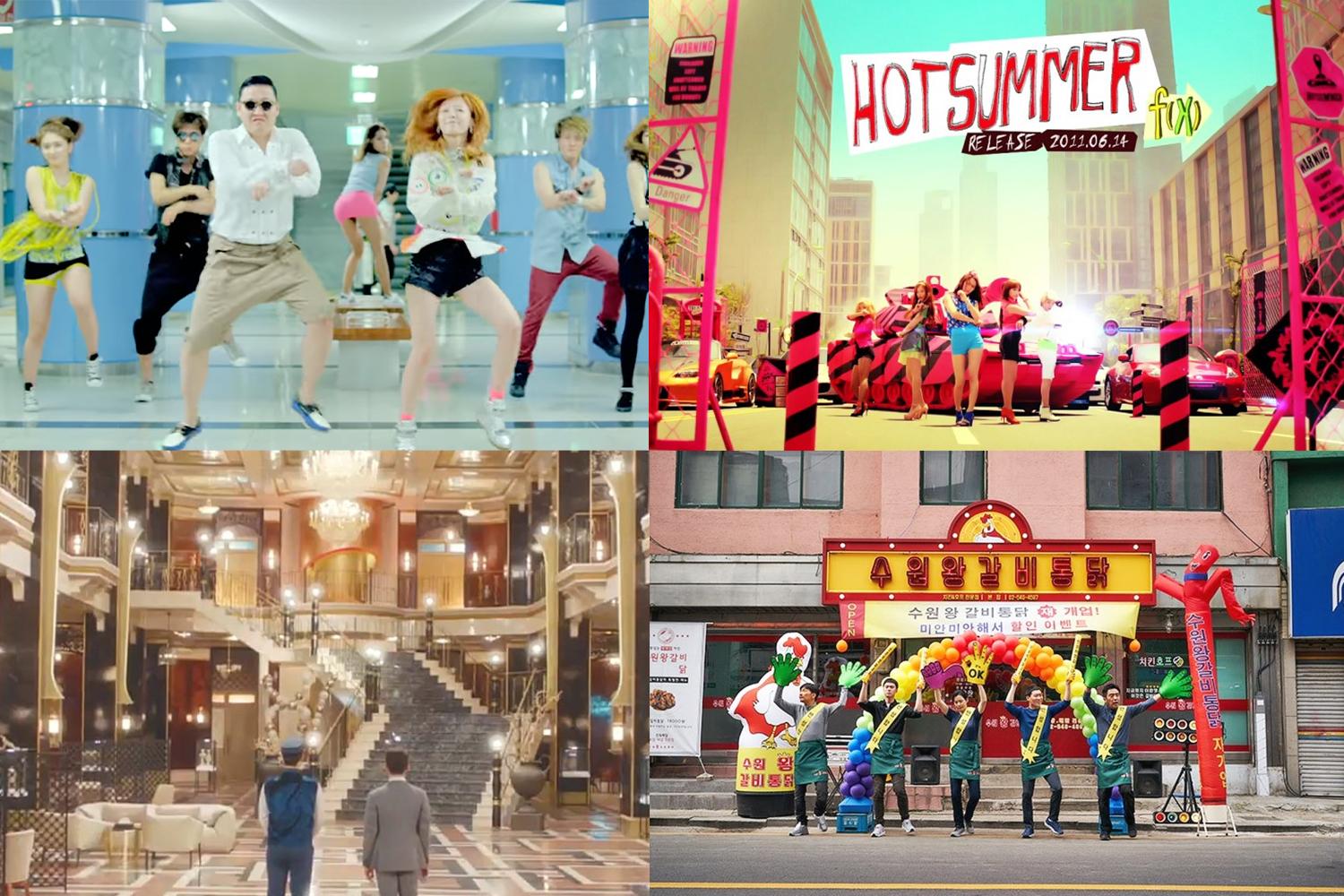 A collage of K-pop scenes filmed in Incheon, including snippets from popular music videos and filming locations, highlighting the city's cultural appeal in entertainment.
