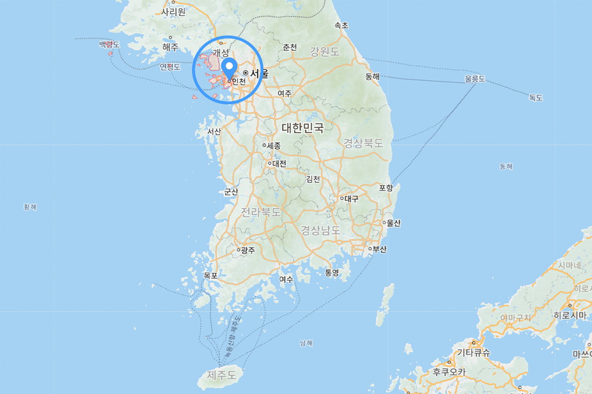 地圖顯示仁川在韓國的位置，大約位於首爾的西南方，強調其交通便利性。