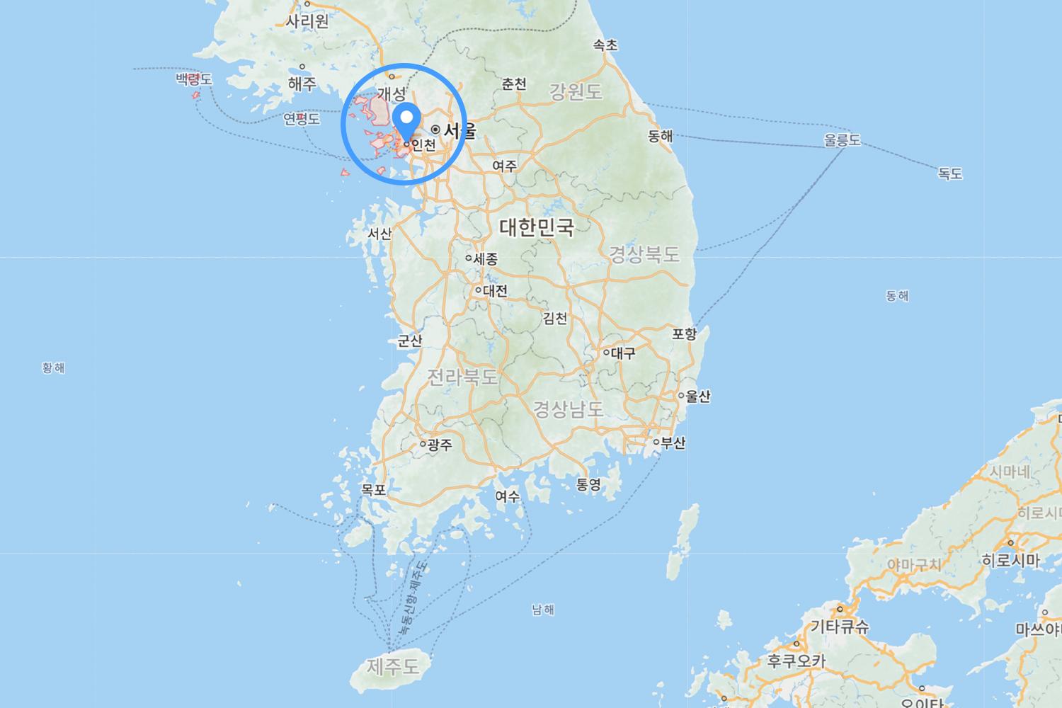 A detailed map showing the location of Incheon, a city on the west coast of Korea, adjacent to Seoul.