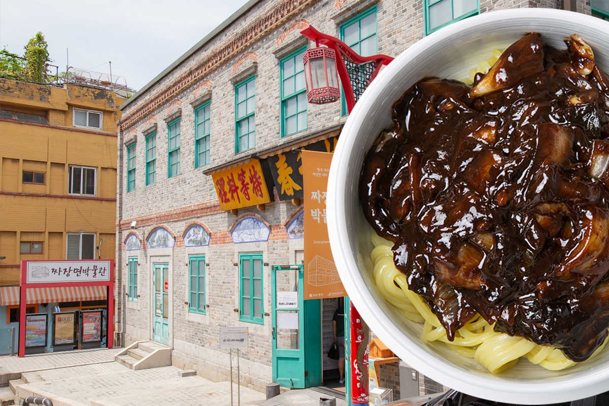 仁川以多樣的麵食料理聞名，圖中展示了豐富的韓國麵食，包括炸醬麵。