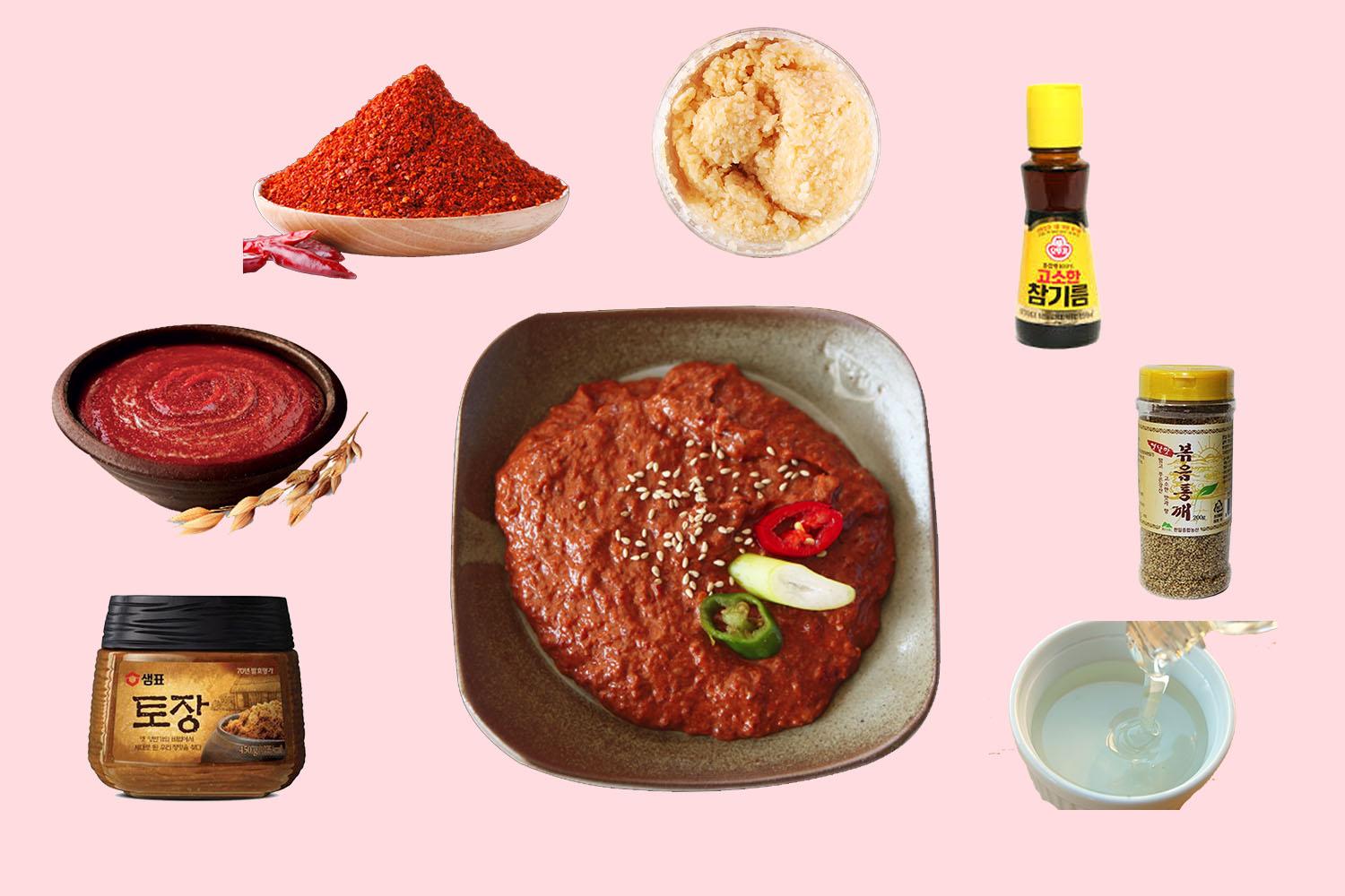 ส่วนผสมในการทำซอสซัมจังแบบเกาหลี ข้าวแดง ซอสถั่วเหลือง และอื่น ๆ