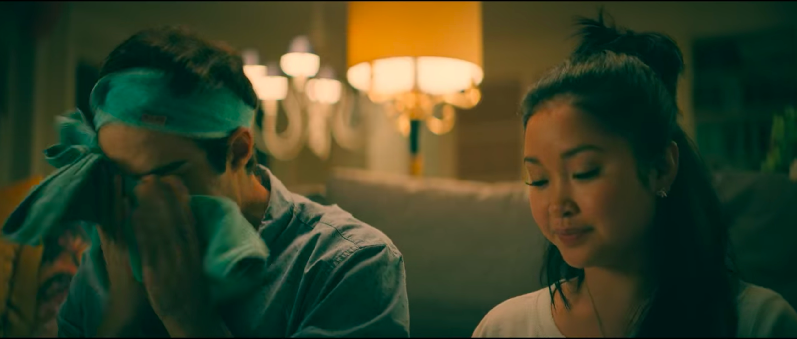 to all the boys: always and forever peter wiping face with towel next to lara jean