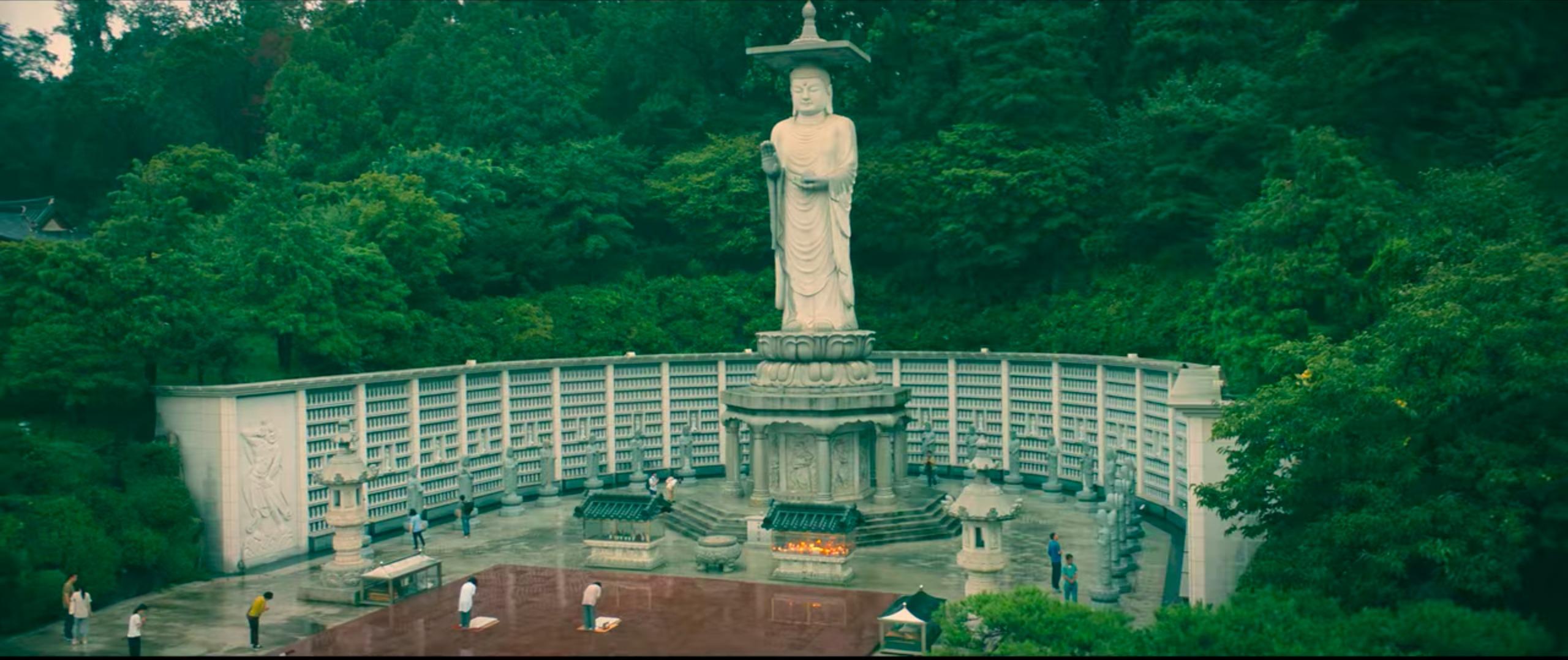 overlooking image of bongeunsa temple in korea of buddha statue