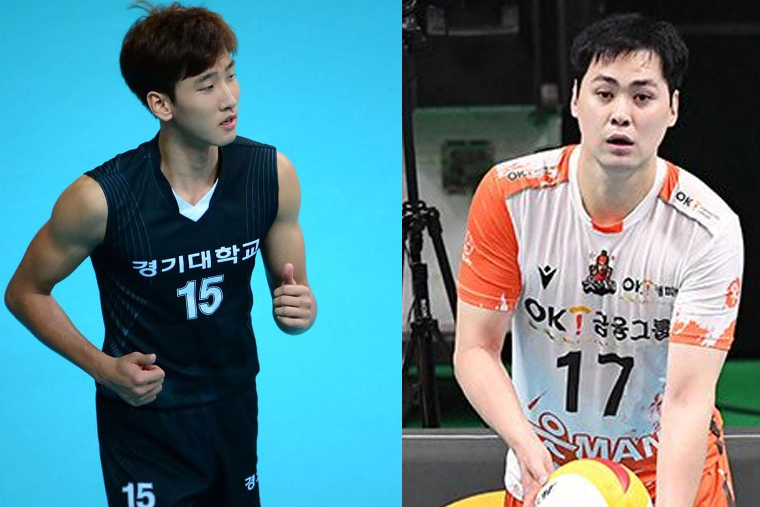 ซง มยองกึน และชิม คยองซอบ นักวอลเลย์บอลชายในชุดยูนิฟอร์มแข่งขัน