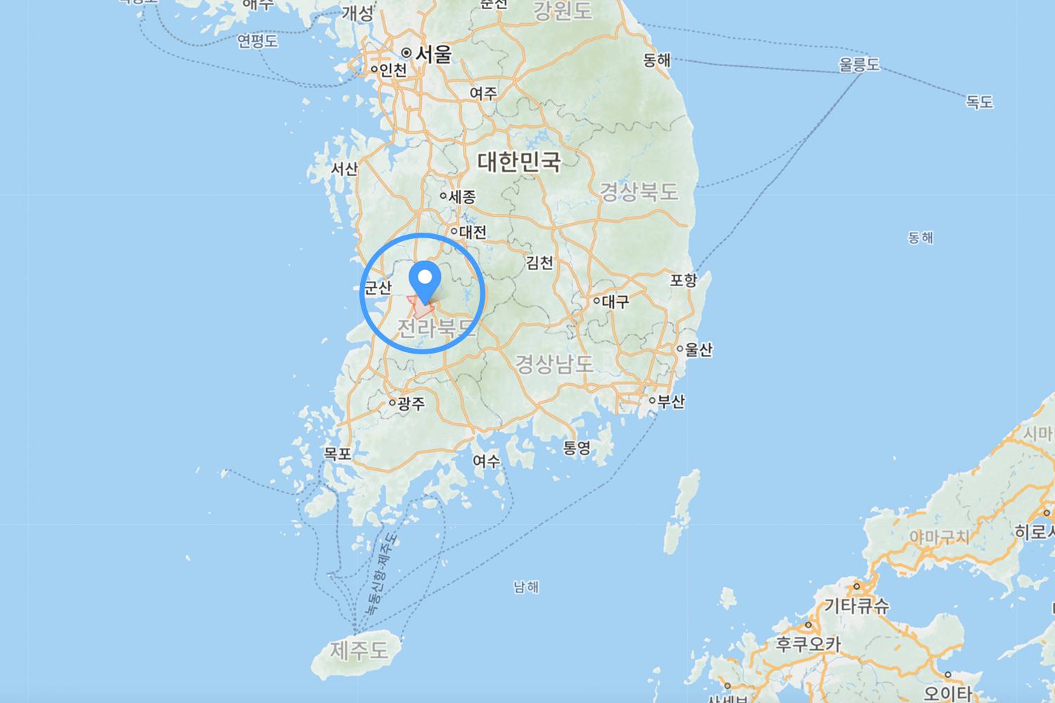 全州的地理位置標示在韓國地圖上的圖片。