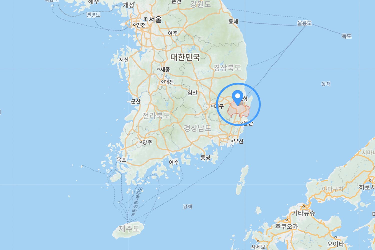 慶州在南韓的地理位置圖示，展示與蔚山的毗鄰位置。