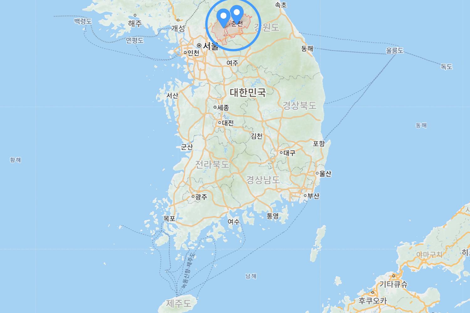Peta lokasi Chuncheon dan Gapyeong di Korea Selatan, terletak di barat daya Gangwon-do, dekat Seoul.