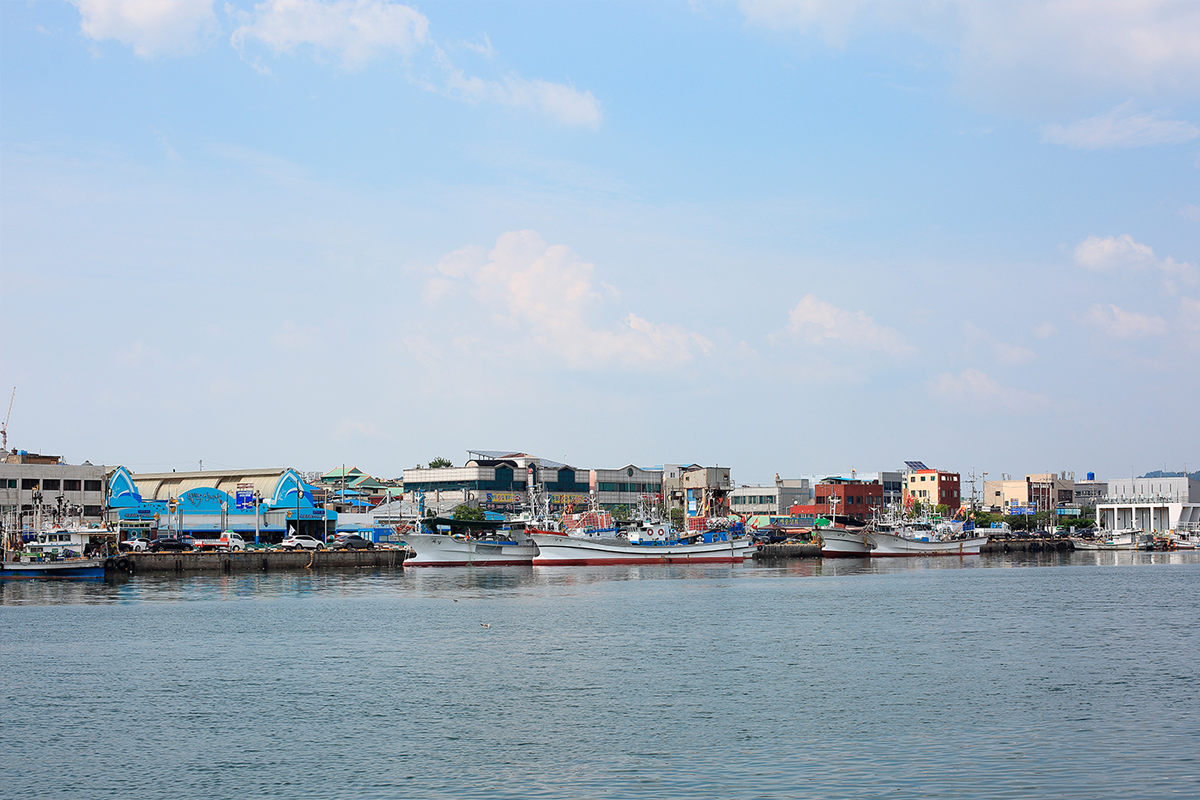 木浦城市全景，部分顯示沿海建築和船隻，體驗木浦港的市區氛圍