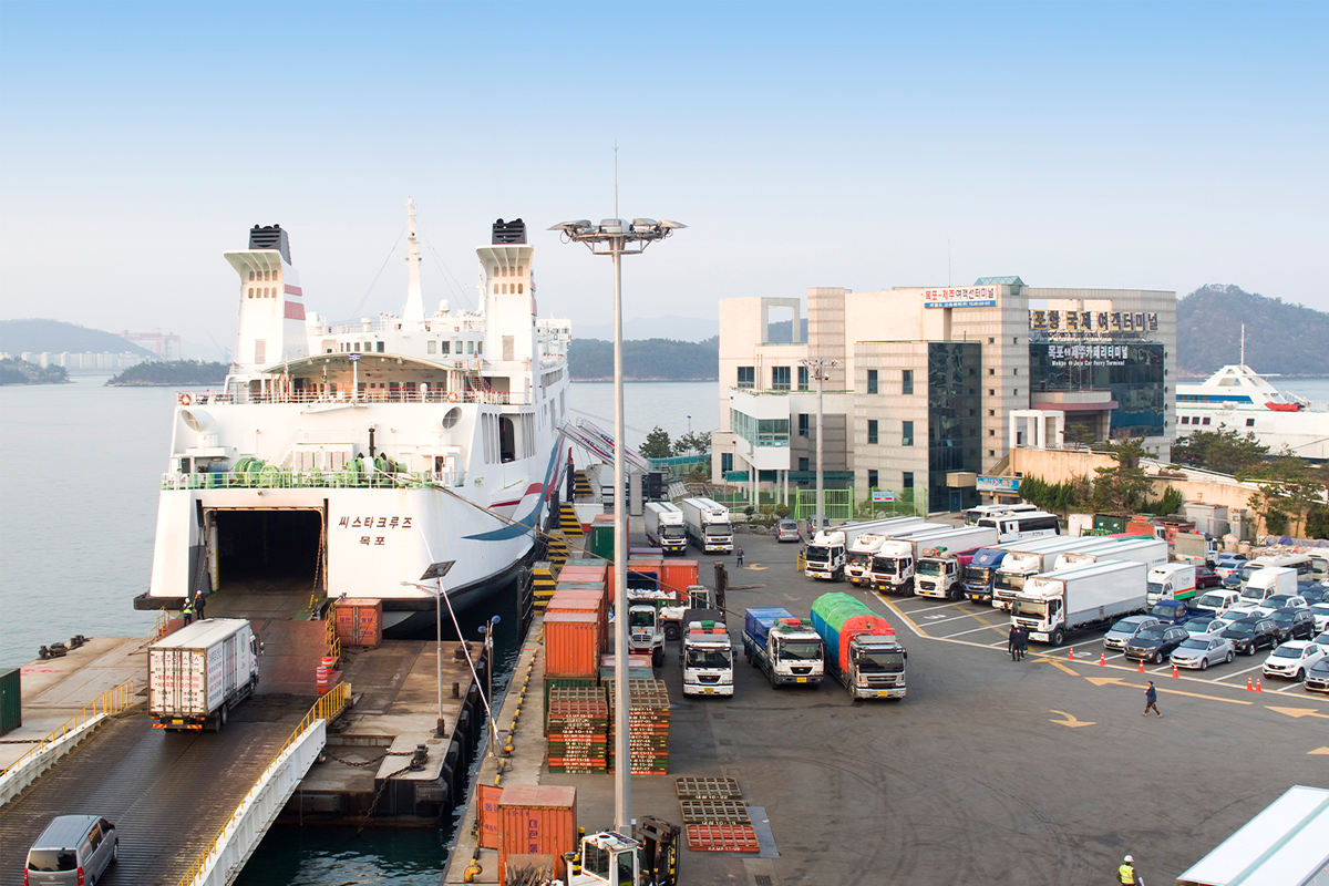 木浦港口的貨輪和建築，展示韓國重要的貿易港之一木浦的現狀
