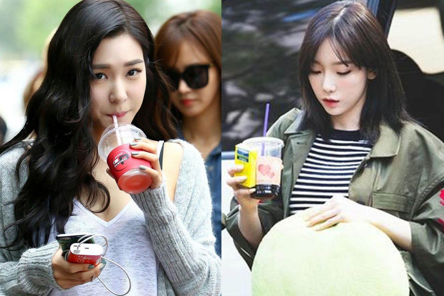 兩位名人手握飲品走在户外，其中一人捧著一個大的綠色枕頭，代表韓國迅速的生活節奏。