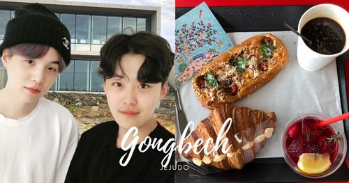 jeju island cafe (gongbech) run by BTS Suga's brother next to image of the two brothers