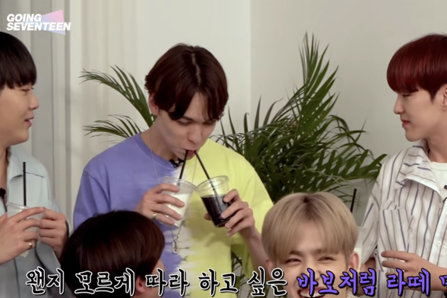 SEVENTEEN成員在節目《Going Seventeen》中展示了傻瓜鮮奶咖啡的創新喝法，兩杯咖啡和鮮奶分開提供。