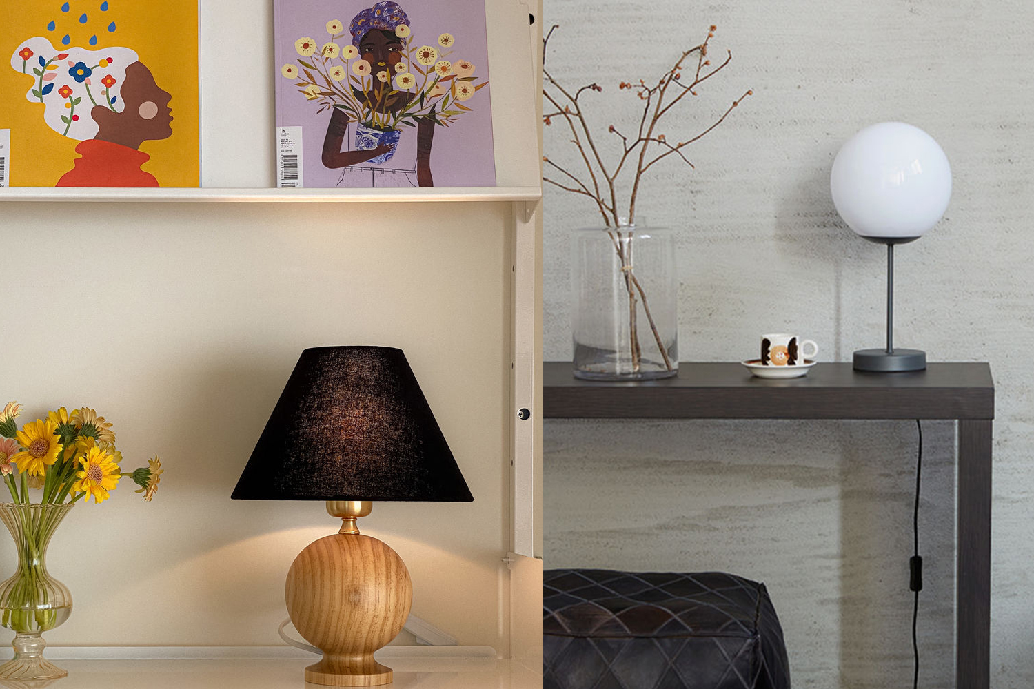 一盞放在桌上的木質桌燈，旁邊有一個透明的花瓶裝著黃色花朵，背景是米色牆壁與擺著兩幅人物畫的白色書架。