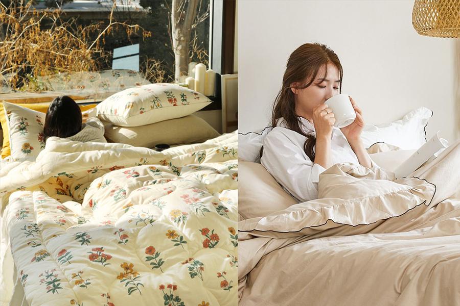 韓國式溫暖整潔的寢具，帶蕾絲或花邊設計的棉被，為房間增添魅力。