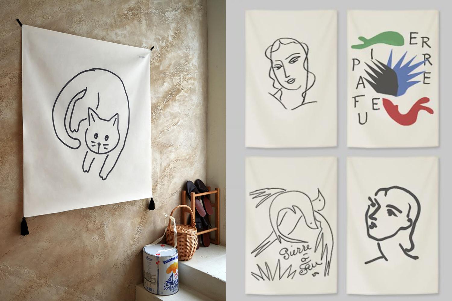 Black and white fabric posters.