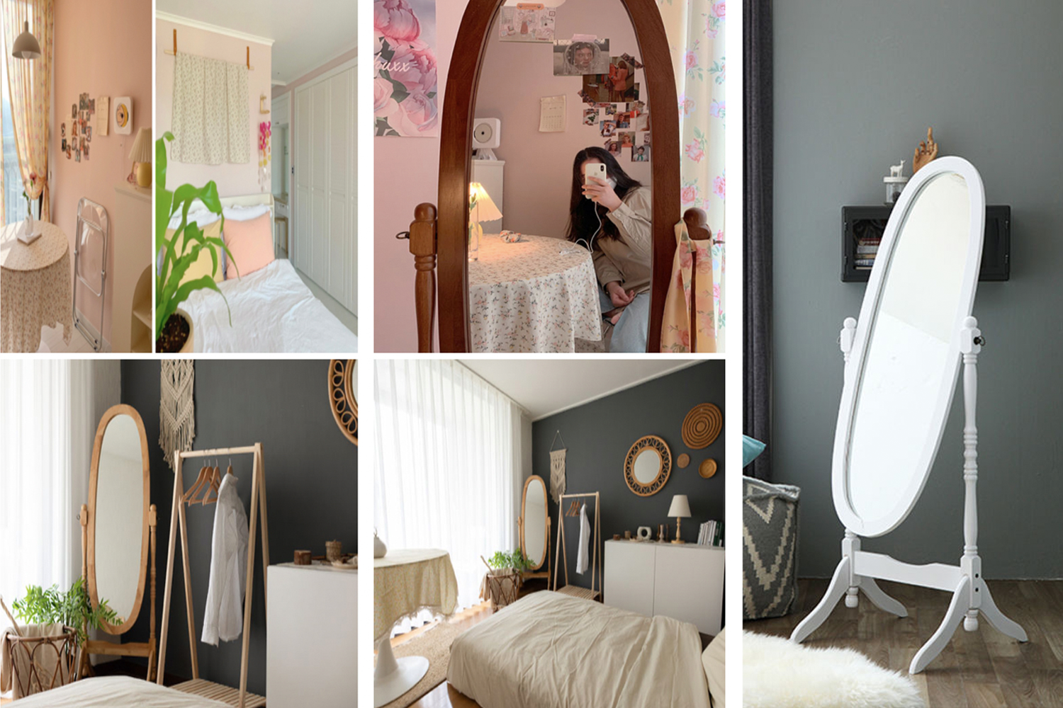 Collage von verschiedenen Ganzkörperspiegeln in wohnlichen Zimmern, unterstreicht die wirkungsvolle Nutzung von Spiegeln im Raumdesign.