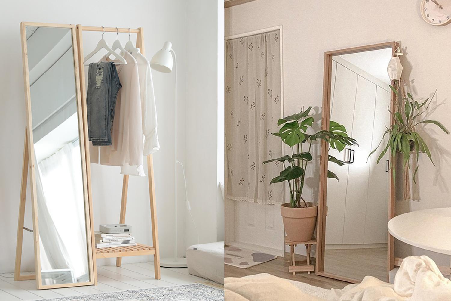 Schlichter Holztisch mit einem ovalen Ganzkörperspiegel, ideal für einen modernen Look in der Inneneinrichtung.