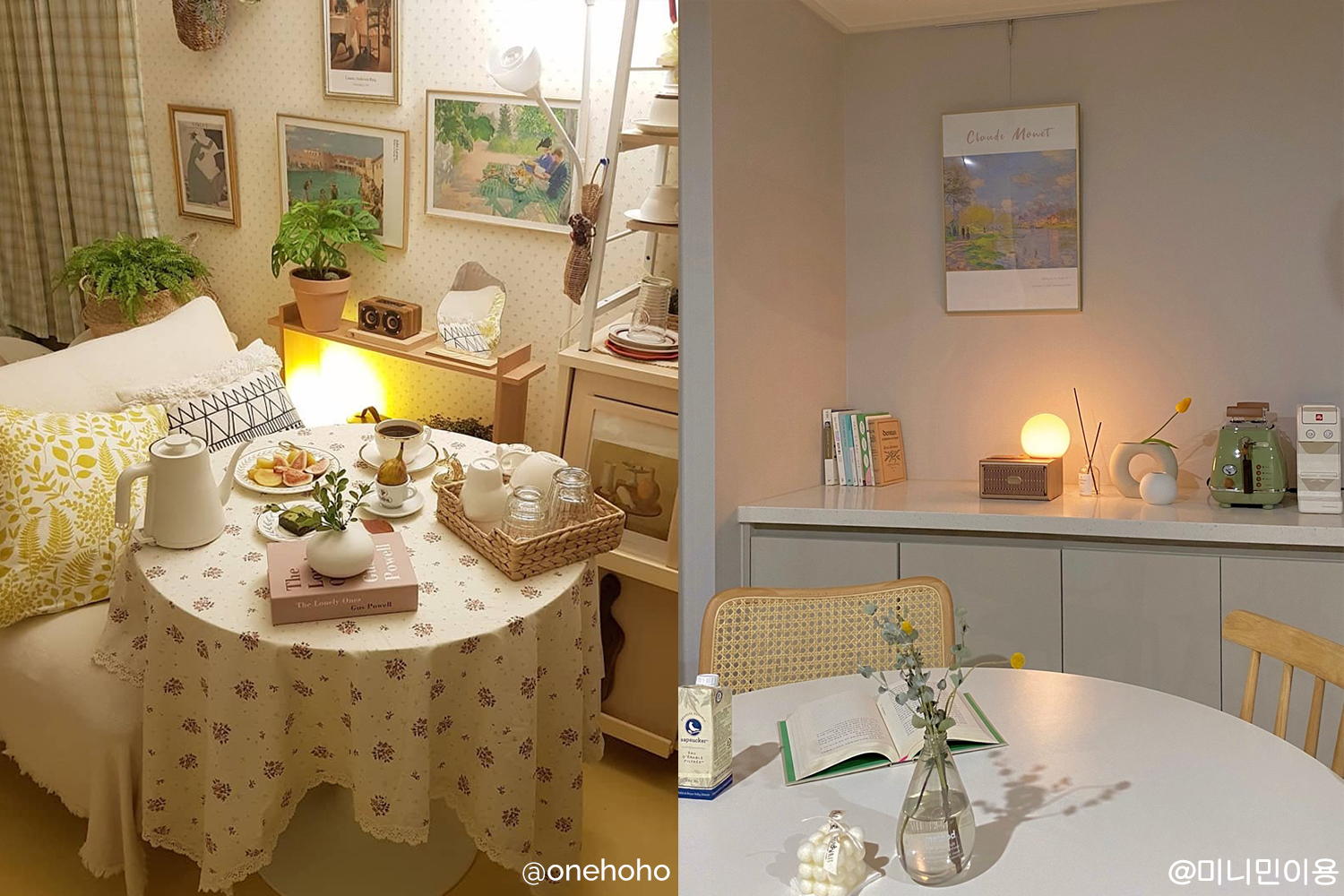 掛有簡約線條插畫布藝海報的牆面,旁邊放置著兩個藤編包,形成素雅的陳設。