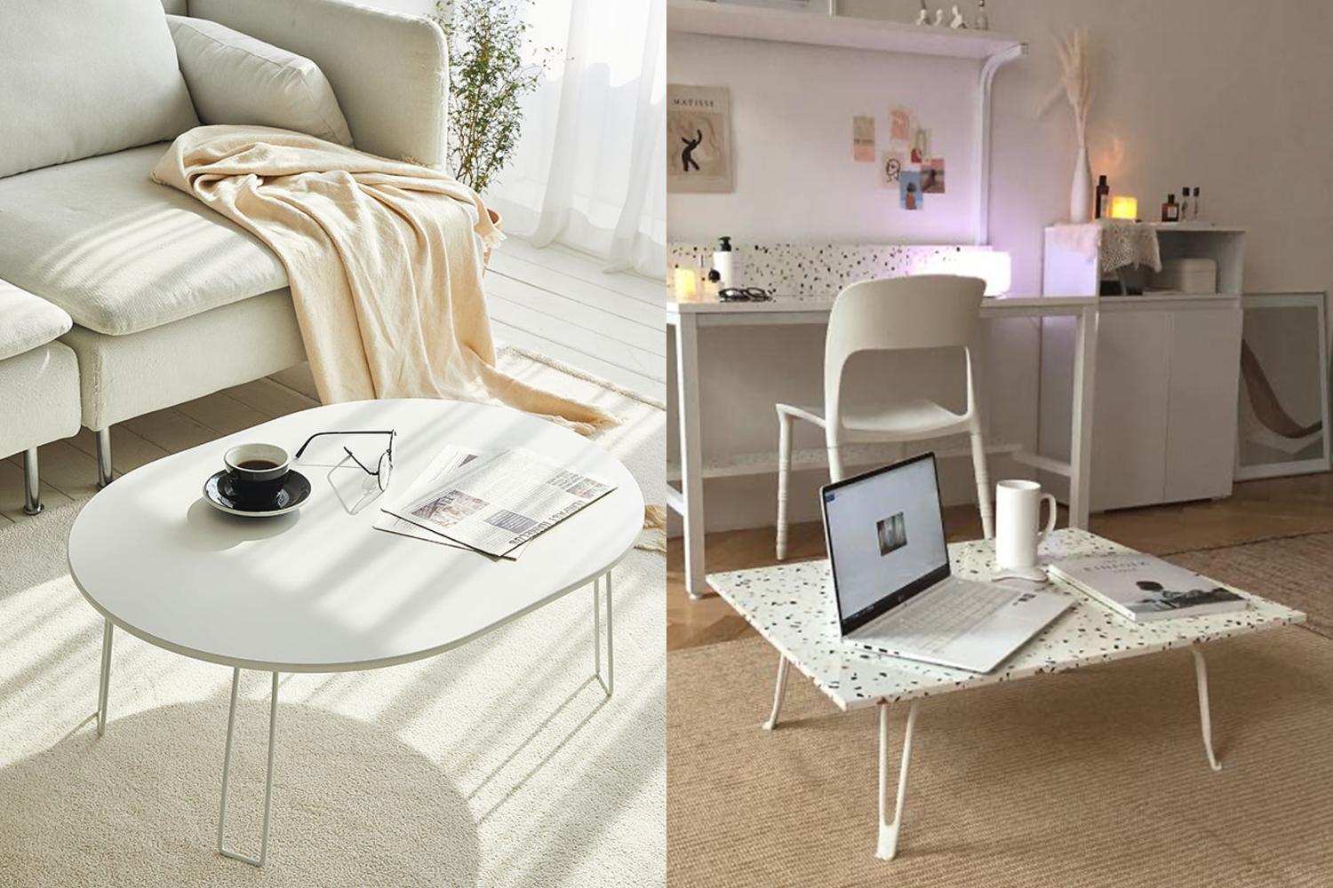 White round foldin table on the left and a white dotted rectangular folding table on the right.