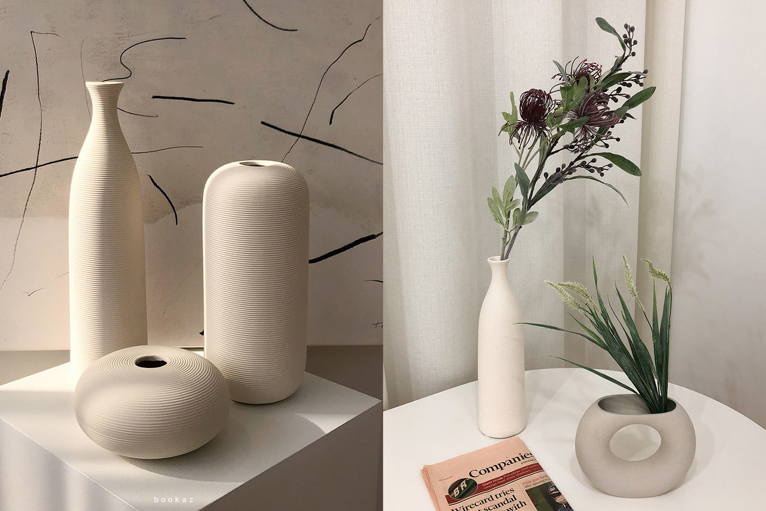 一套現代風格的陶瓷花瓶,其中一些裝飾著優美大氣的紋理,陳列在素雅的桌子上,顯示出精緻的居家品味。