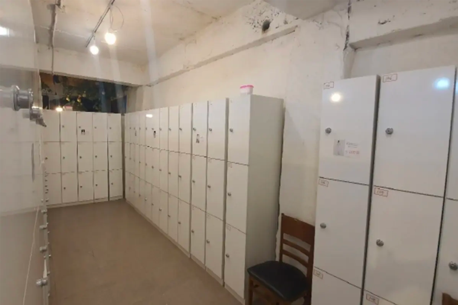 Locker room at the Hanboknam in Seoul, showing white lockers available for storing personal items.