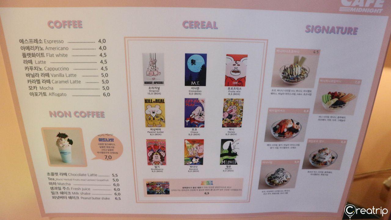 Colorful cereal boxes proudly displayed in Midnight in Seoul café, encapsulating its playful and vibrant aesthetic.