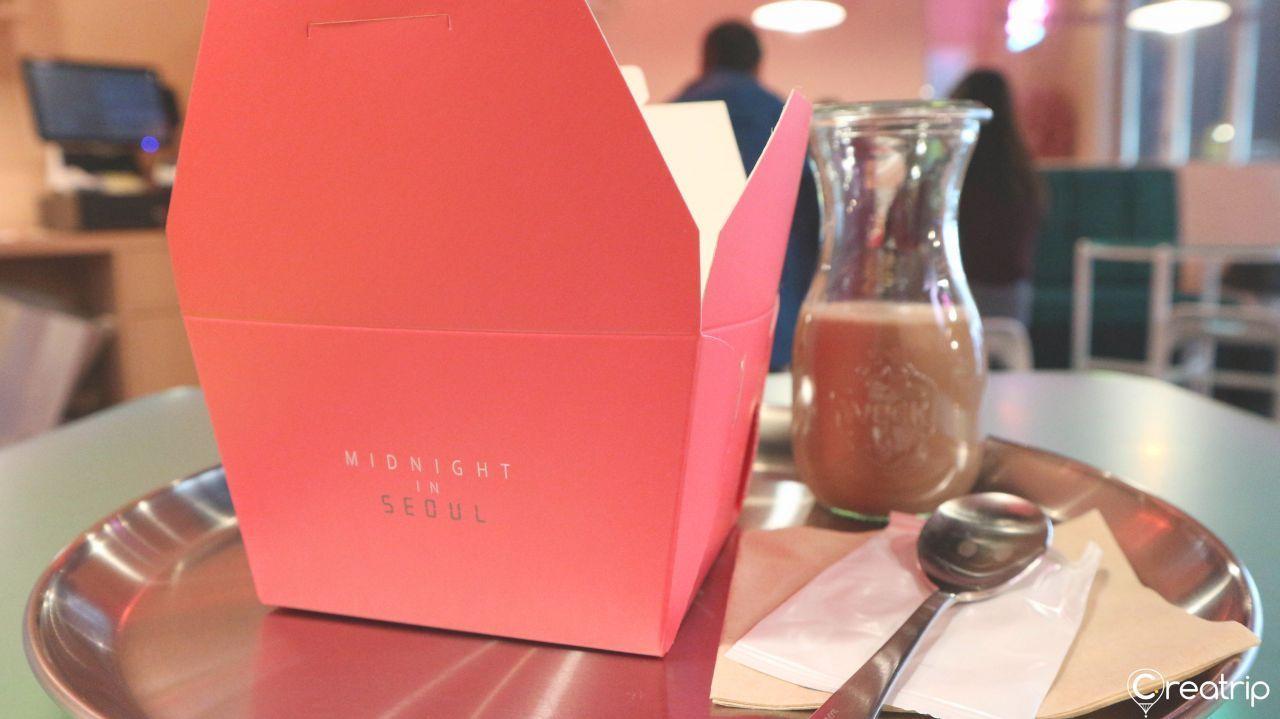 Takeaway option at Midnight in Seoul, featuring their distinctive pink packaging, popular among tourists and locals alike.