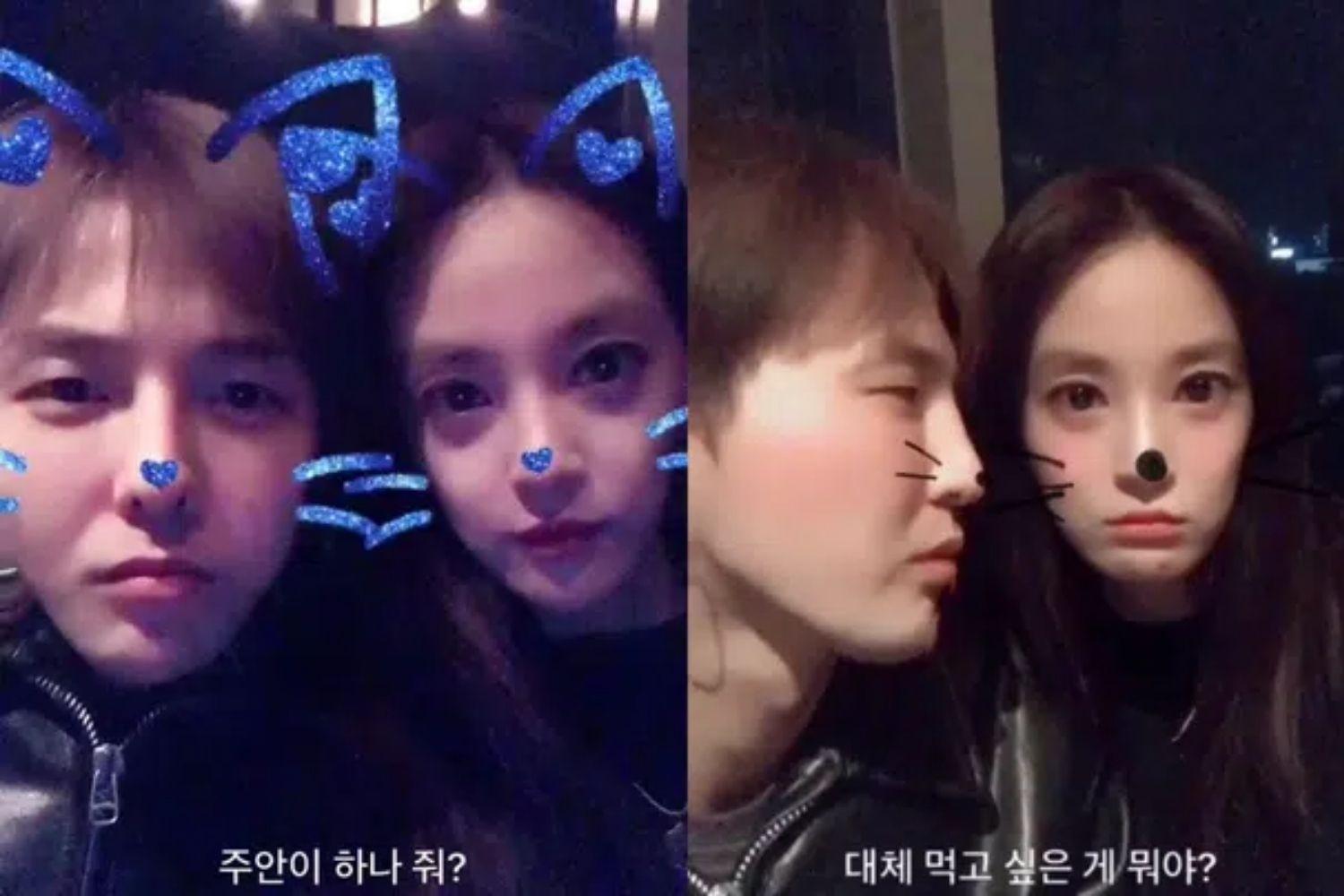 G-Dragon và Jooyeon trong bức ảnh chụp tự sướng vào ban đêm, đeo kính phát sáng