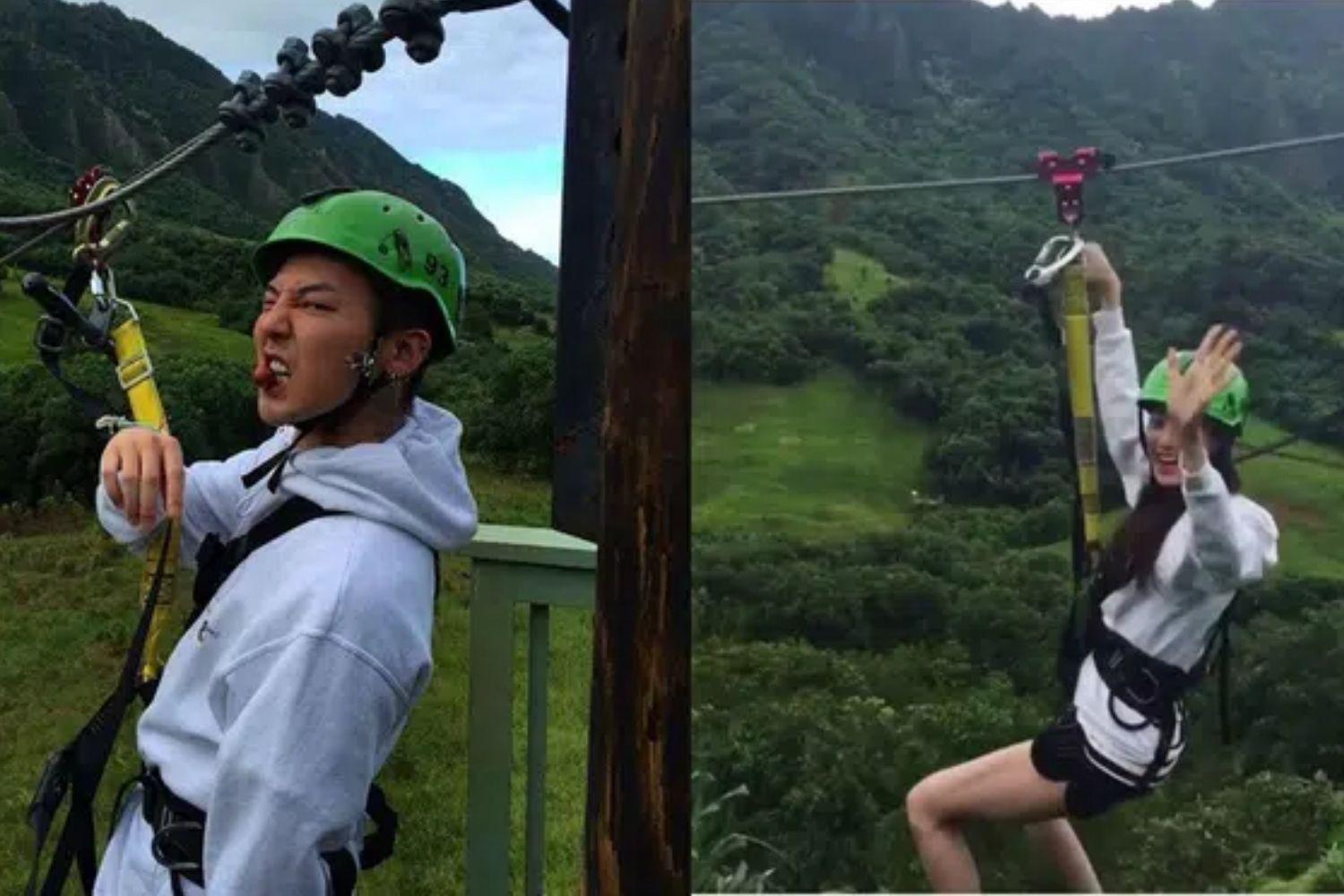 G-Dragon và Jooyeon tham gia zip line với mũ bảo hộ xanh
