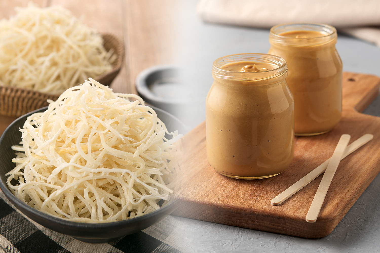 bowls of shredded dried squid next to two jars of peanut butter