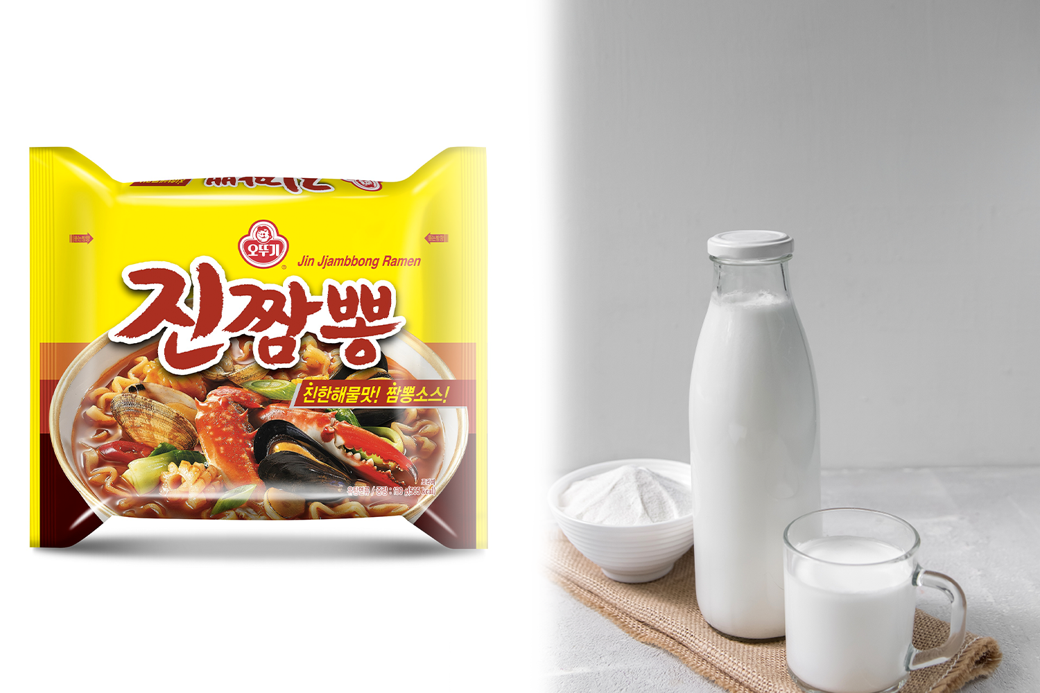 korean brand ottogi's jin jjambbong ramen next to pitcher and glass of milk