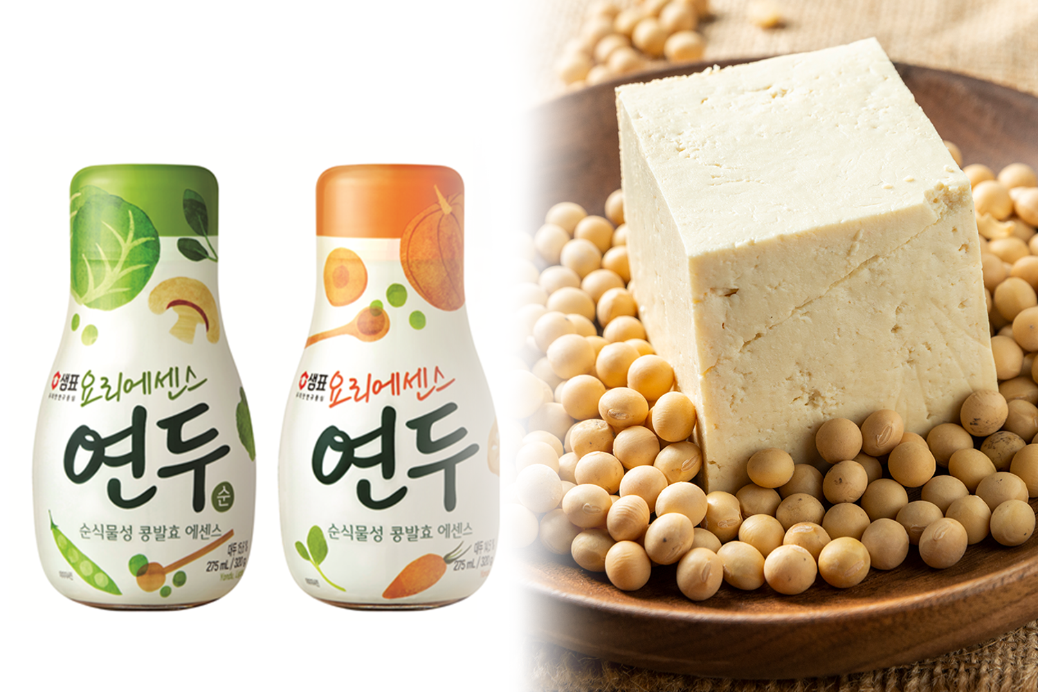 korean brand siempo's yondu sauce next to image of soybeans and tofu