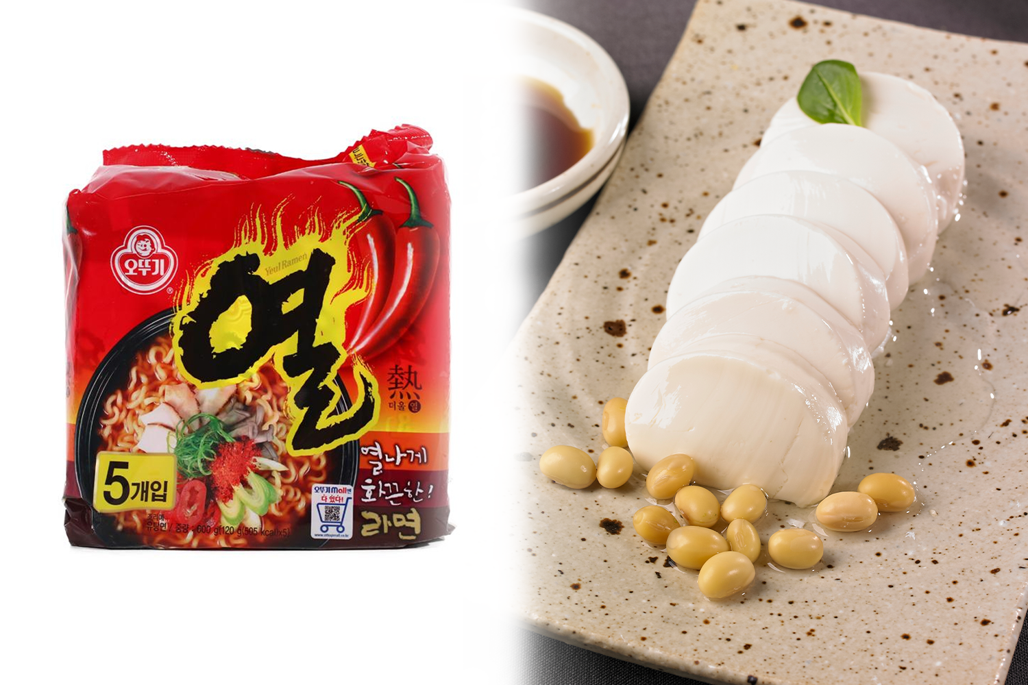 korean brand ottogi's yeul ramen next to sliced loaf of soft tofu