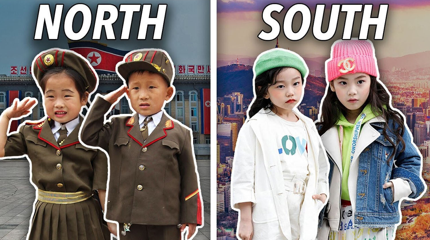 南韓與北韓的標誌性服飾對比，背景為南北韓各自代表性的建築。
