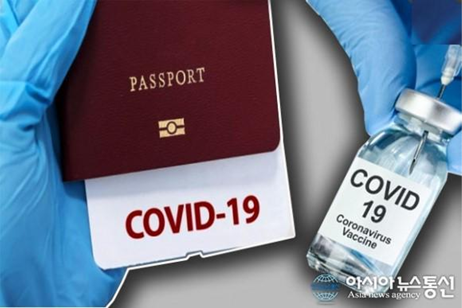 藍色手套嘅手握住新冠疫苗瓶，旁邊係一本護照，上面寫住COVID-19。