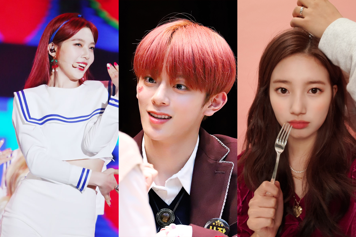 一位女星笑容甜美，髮色如蘋果紅，與周圍的紅蘋果交相輝映。