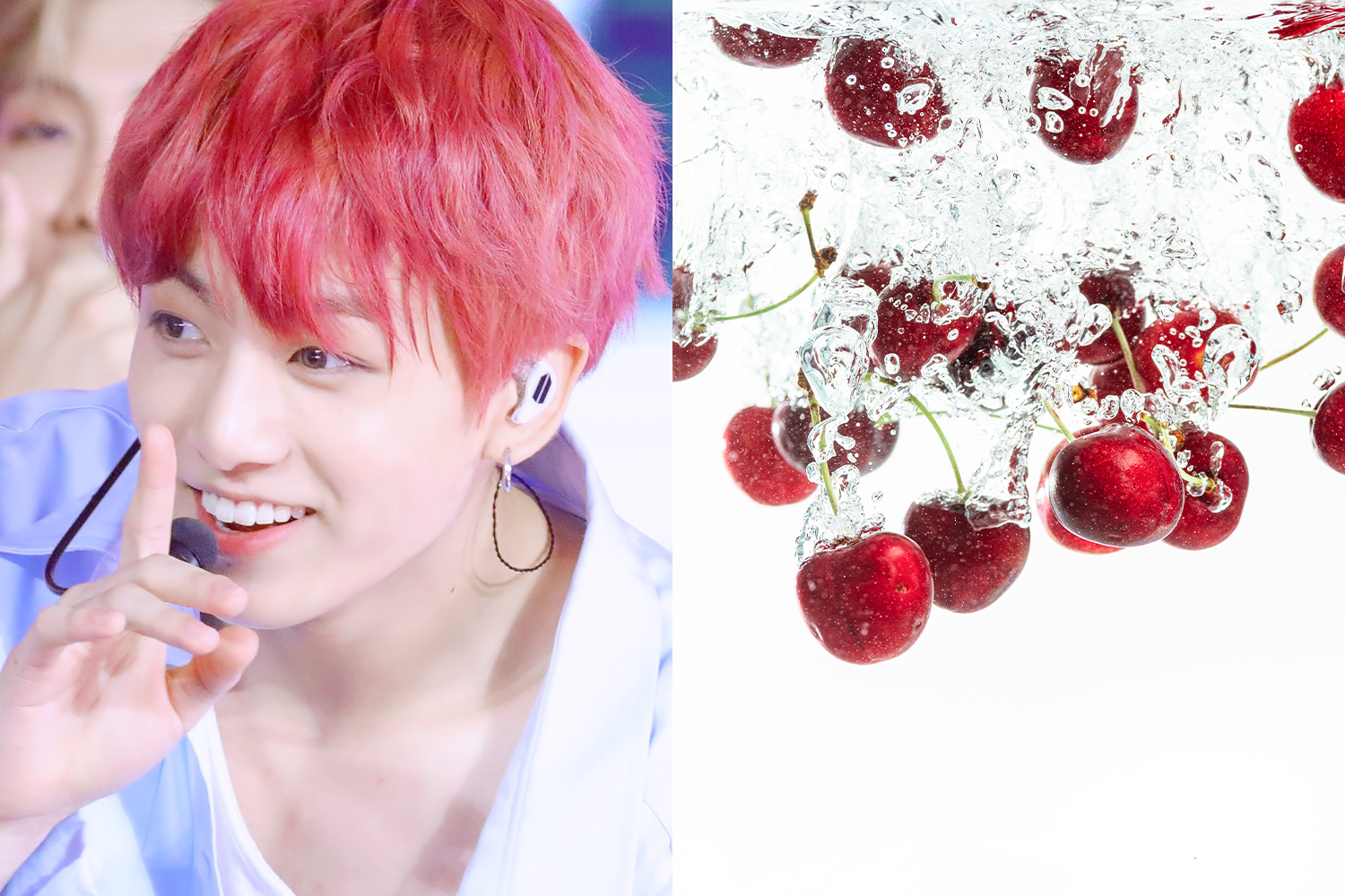 Hình ảnh một người nổi tiếng với mái tóc hồng đỏ cùng chùm trái cherry chìm trong nước.