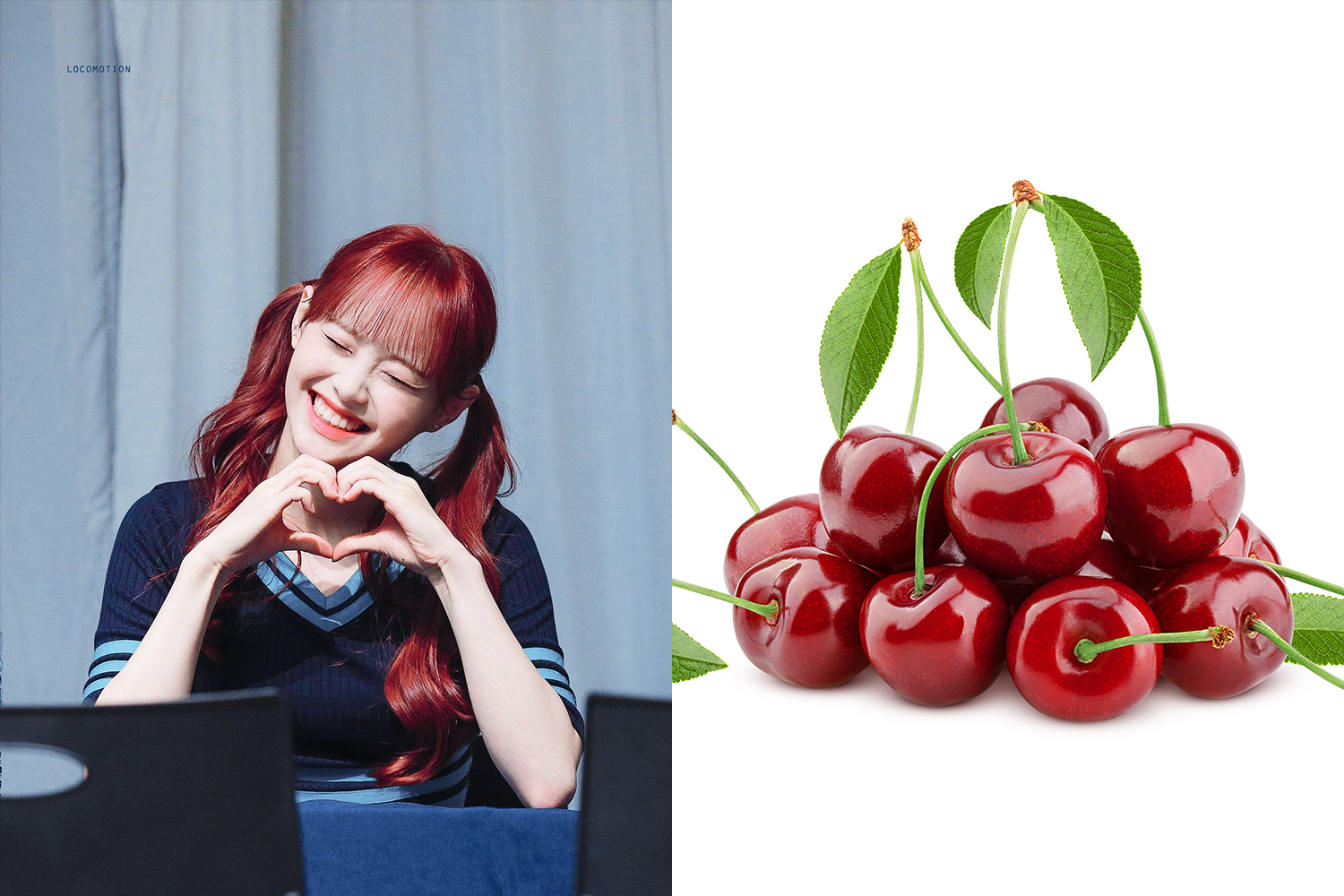 ไอดอลกลุ่มหญิงทำท่า '깨물하트' ขณะสวมชุดสีน้ำเงินเข้มแบบเชอร์รี่