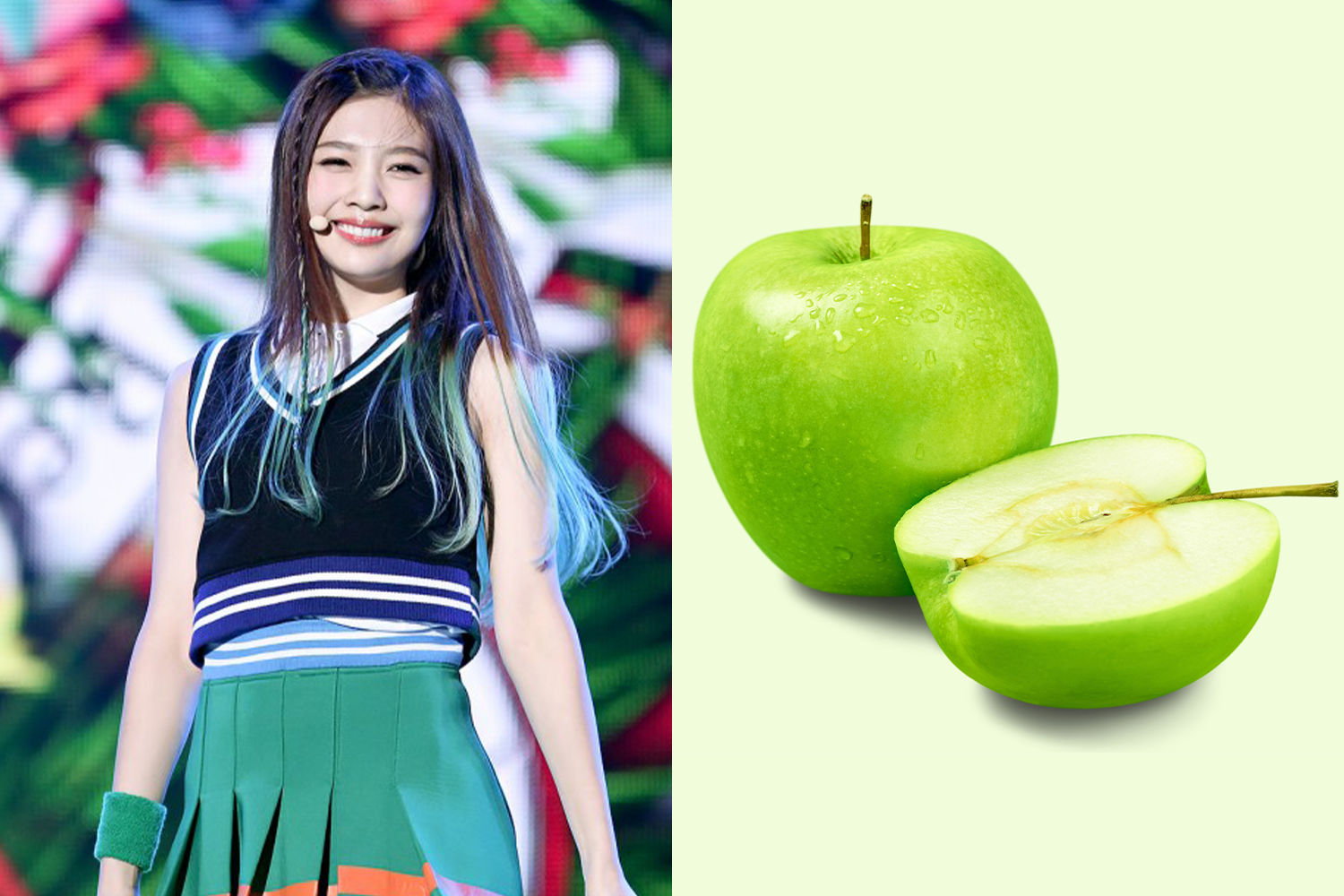 Hình ảnh một người nổi tiếng tóc đen, mặc áo biểu diễn màu đỏ cạnh trái táo xanh và táo đỏ.