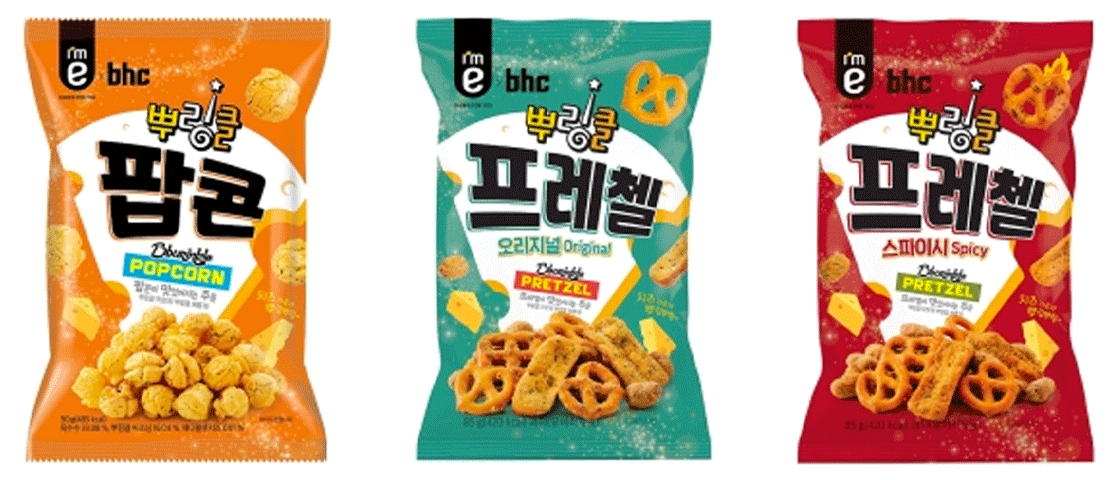 BHC × emart24 第二波联名零食，包括普林爆米花和原味及辣味蝴蝶饼干，独特风味吸引消费者。