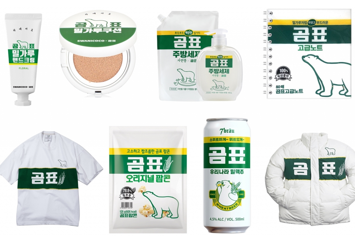 熊牌品牌多样化产品，包括护手霜、气垫、洗洁精、笔记本、服装和啤酒，展现其联名创新。」