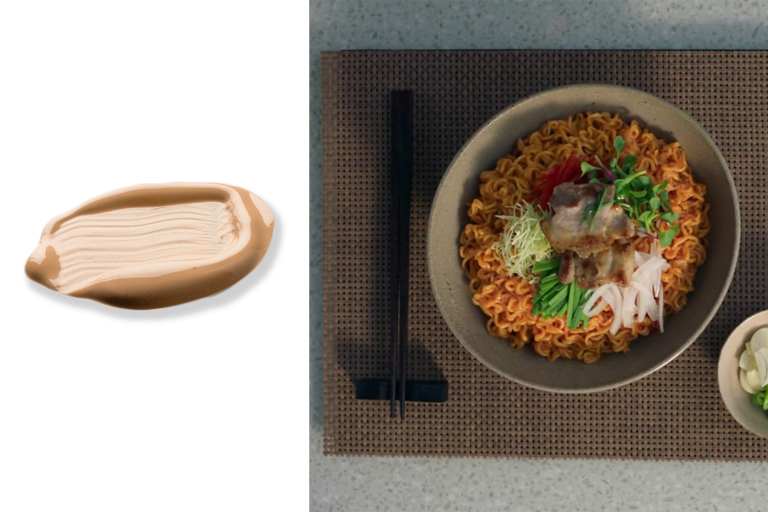 BB크림 텍스처와 육수, 고기가 들어간 비빔면 한 접시.