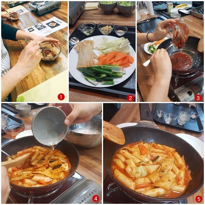 Step-by-step cooking process for making spicy Korean tteokbokki.
