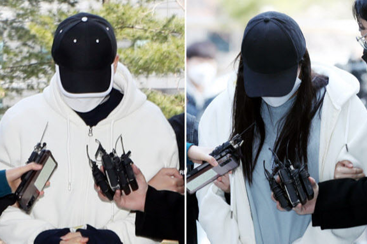 一名戴帽及口罩的男子正被記者圍住進行訪問，他穿著白色帽T，手上被握住，背景隱約可見綠色樹木。