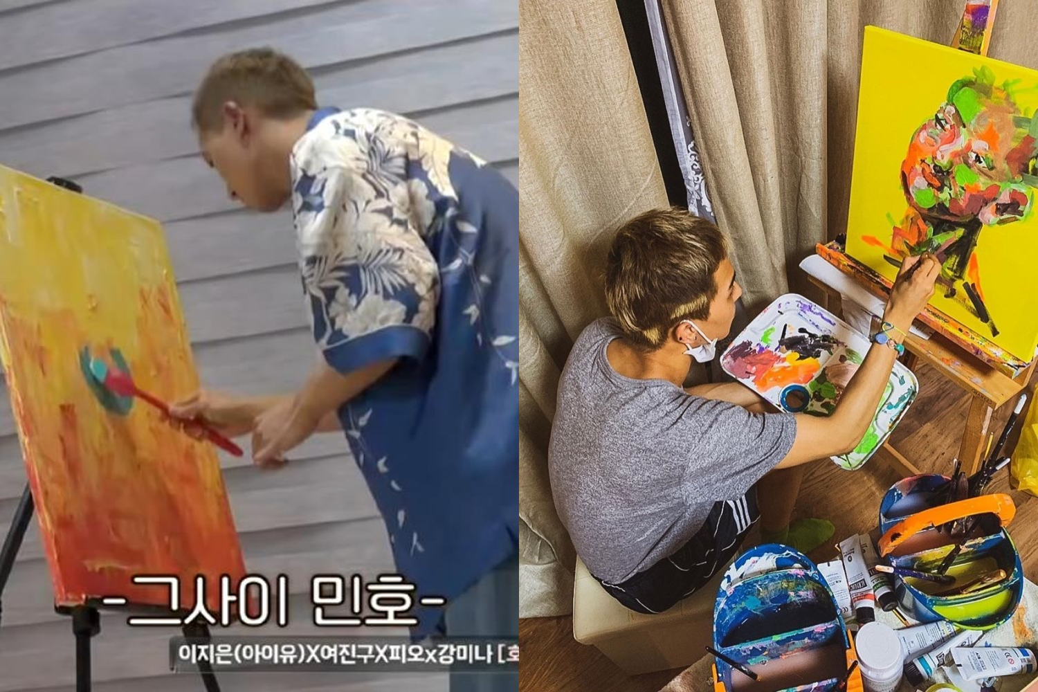 K-POPアーティストのミノが自作のアート作品を描くシーン。ミノがカラフルな絵を描いている様子が写されており、彼の芸術的側面を垣間見ることができる。このアートは彼の個人的なスタイルを反映しており、独自のクリエイティビティを示す逸品。