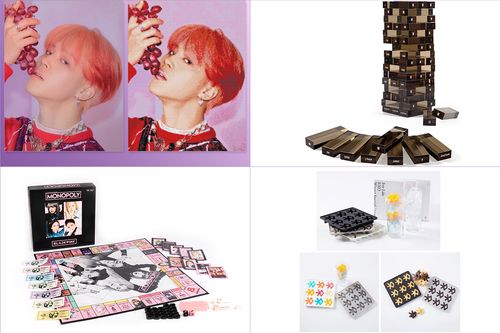 kpop idol good including cubic painting of BTS Jimin, BTS Jenga, Blackpink Monopoly, and EXO ice trays 