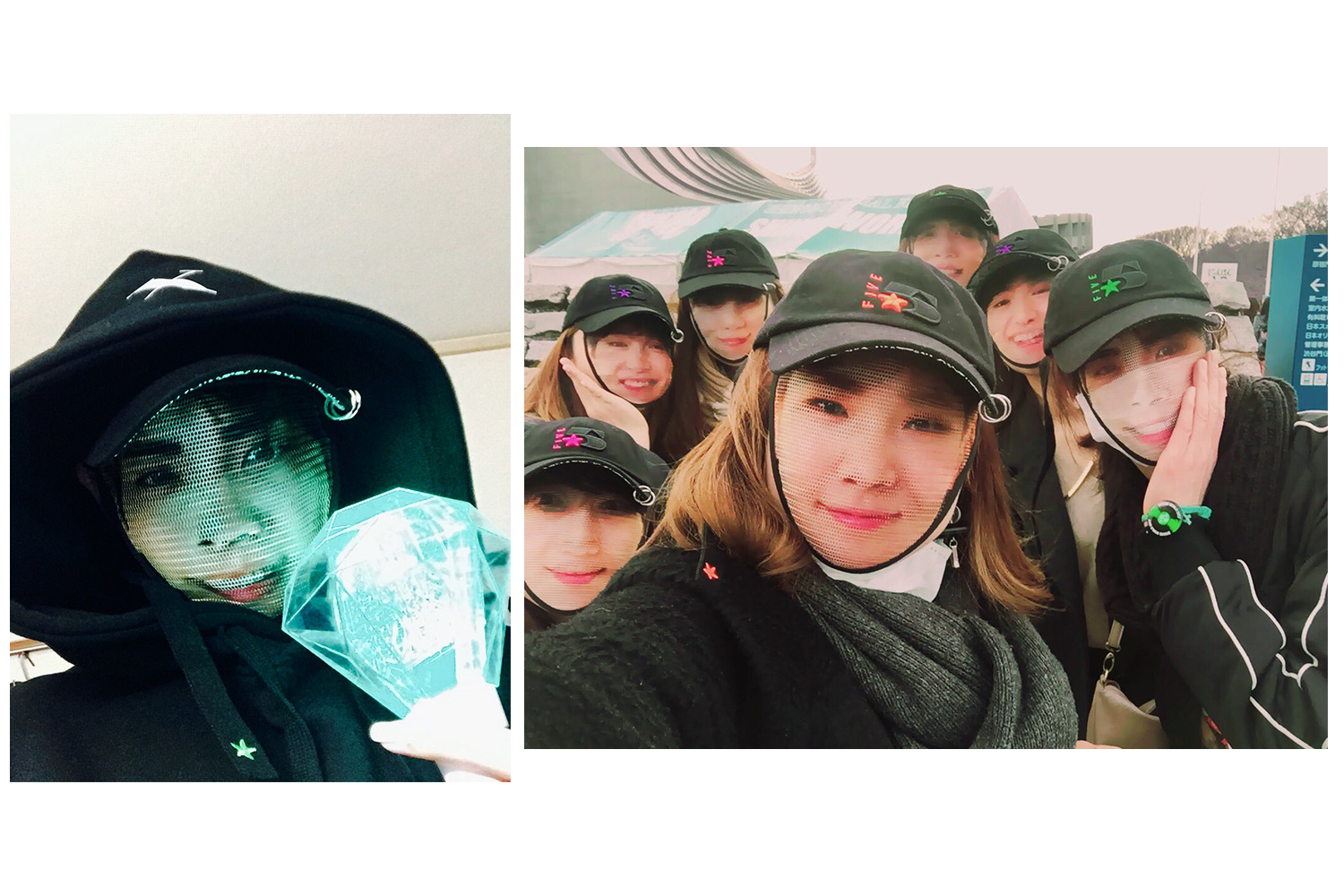 多位粉絲穿戴SHINee帽子並佩戴SHINee應援物的合影照片。