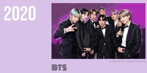 2020年のBTS、ビルボードによる「年度別最高のポップスター」に選ばれた韓国のトップアイドルグループ。紫色の背景にフォーマルなスーツを着たメンバーたちが立っているイラストレーション。BTSロゴが描かれている。